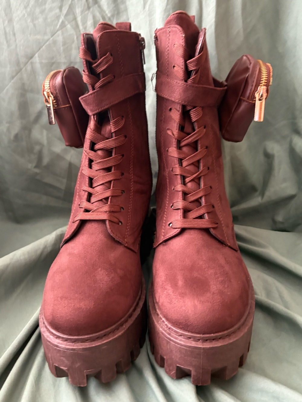 Rainbow Shops Chunky Brown Lace-Up Platform Pocket Combat Boots